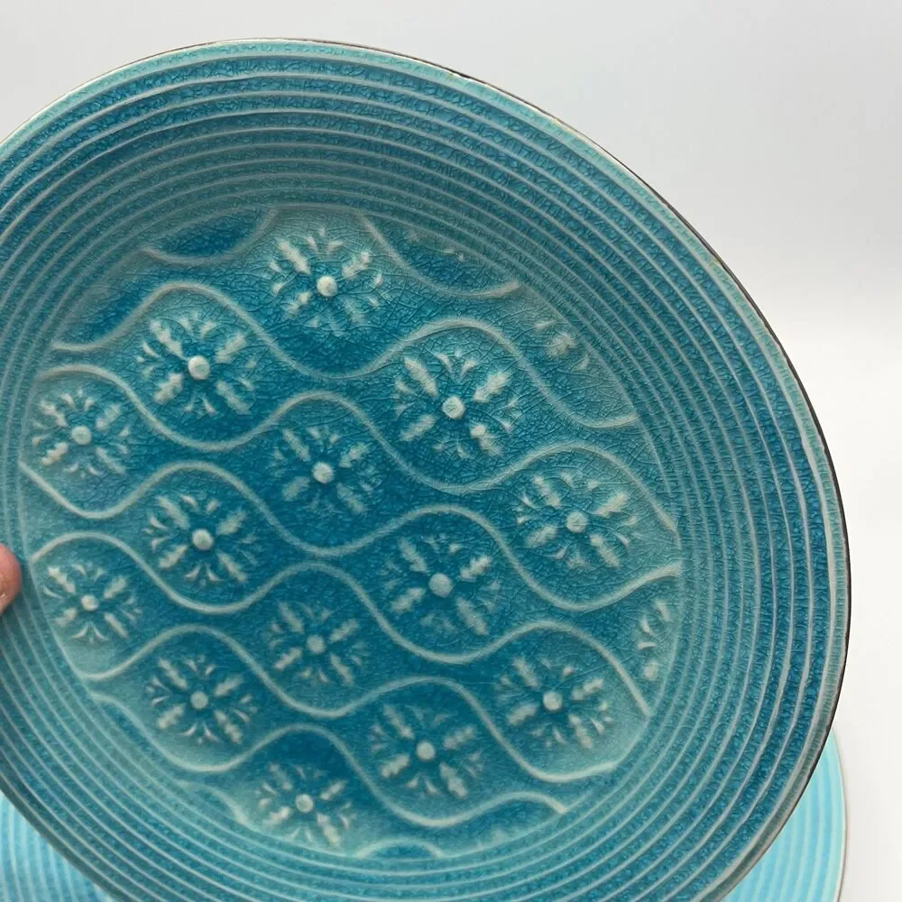 Vintage Set Pier 1 Turquoise Plate Crackle Pattern Stoneware Salad 8.5”  And 11”